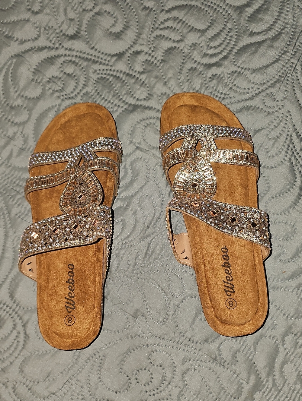 Weeboo Embellished Tan Slip-On Sandals with Crystal Accents